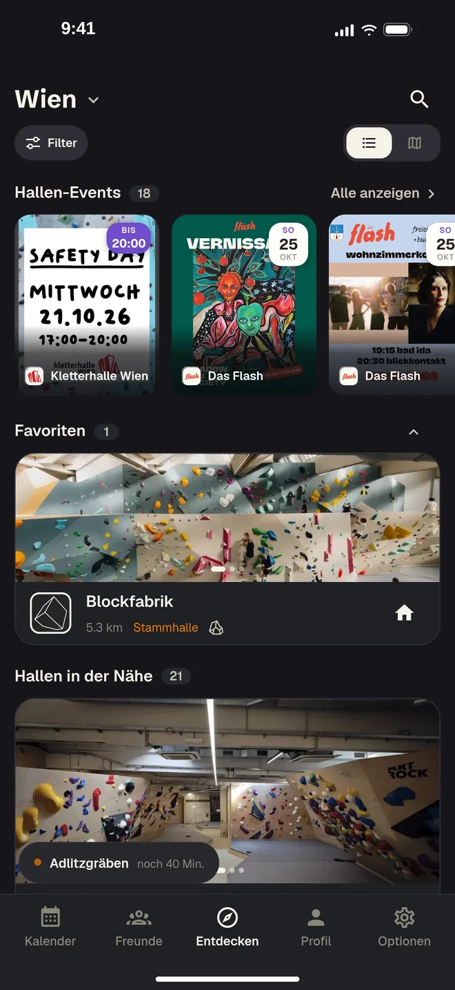 Der Entdecken-Tab der App: oben Hallen-Events, darunter Favoriten und Hallen in der Nähe