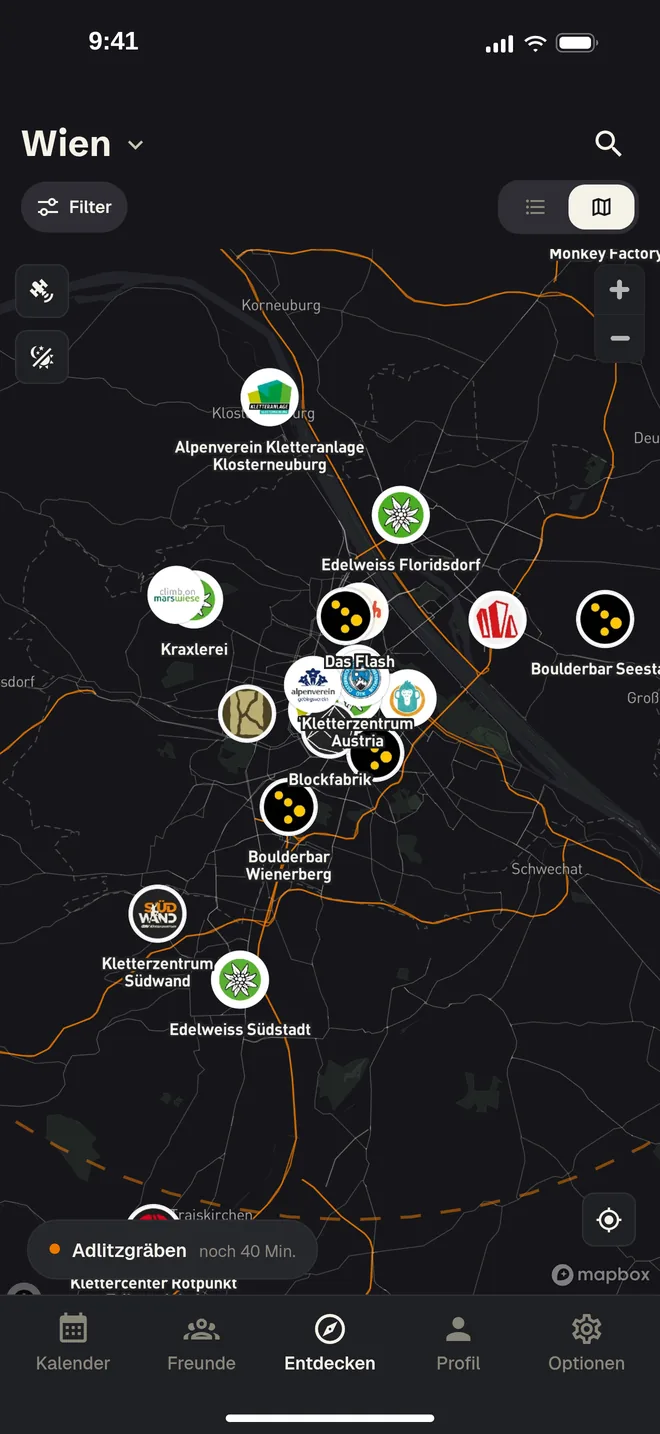 Die Karte von Wien in der App, jede Halle mit ihrem Logo