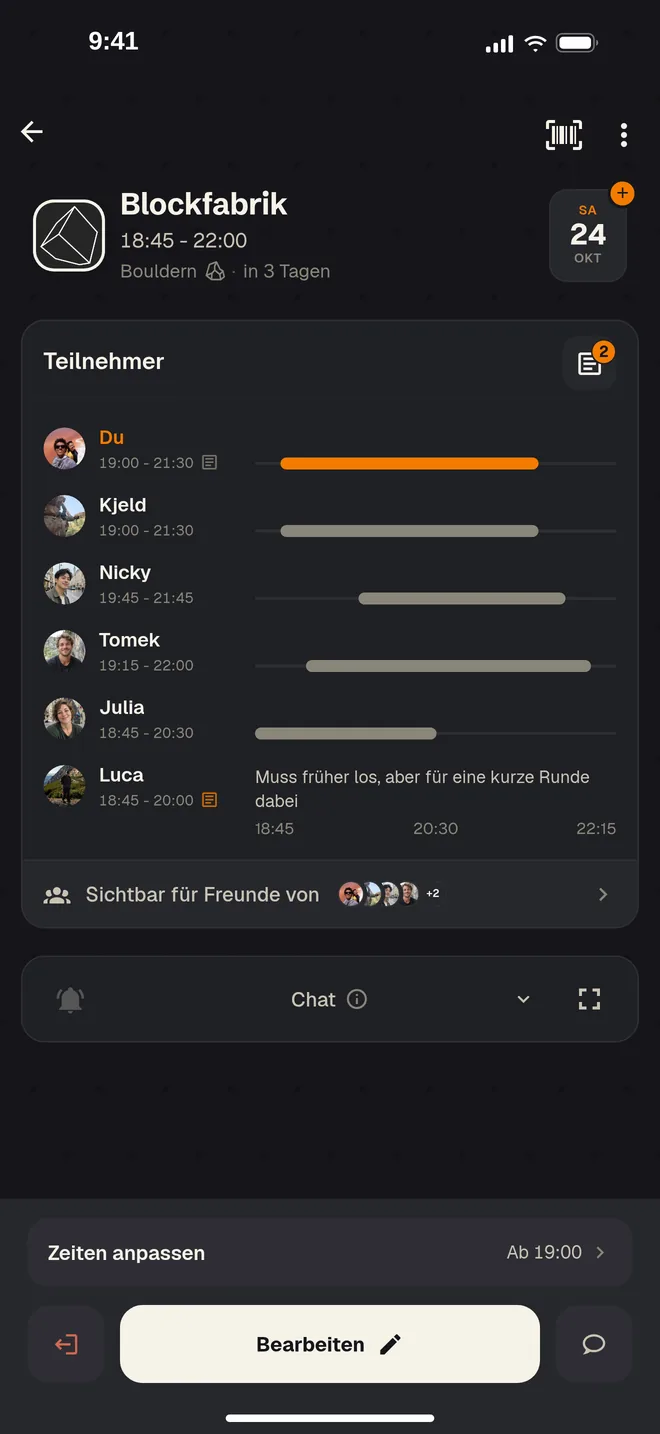 Eine Session in einer Halle in der App: die Uhrzeit und sechs Freunde, jeweils mit ihren Zeiten