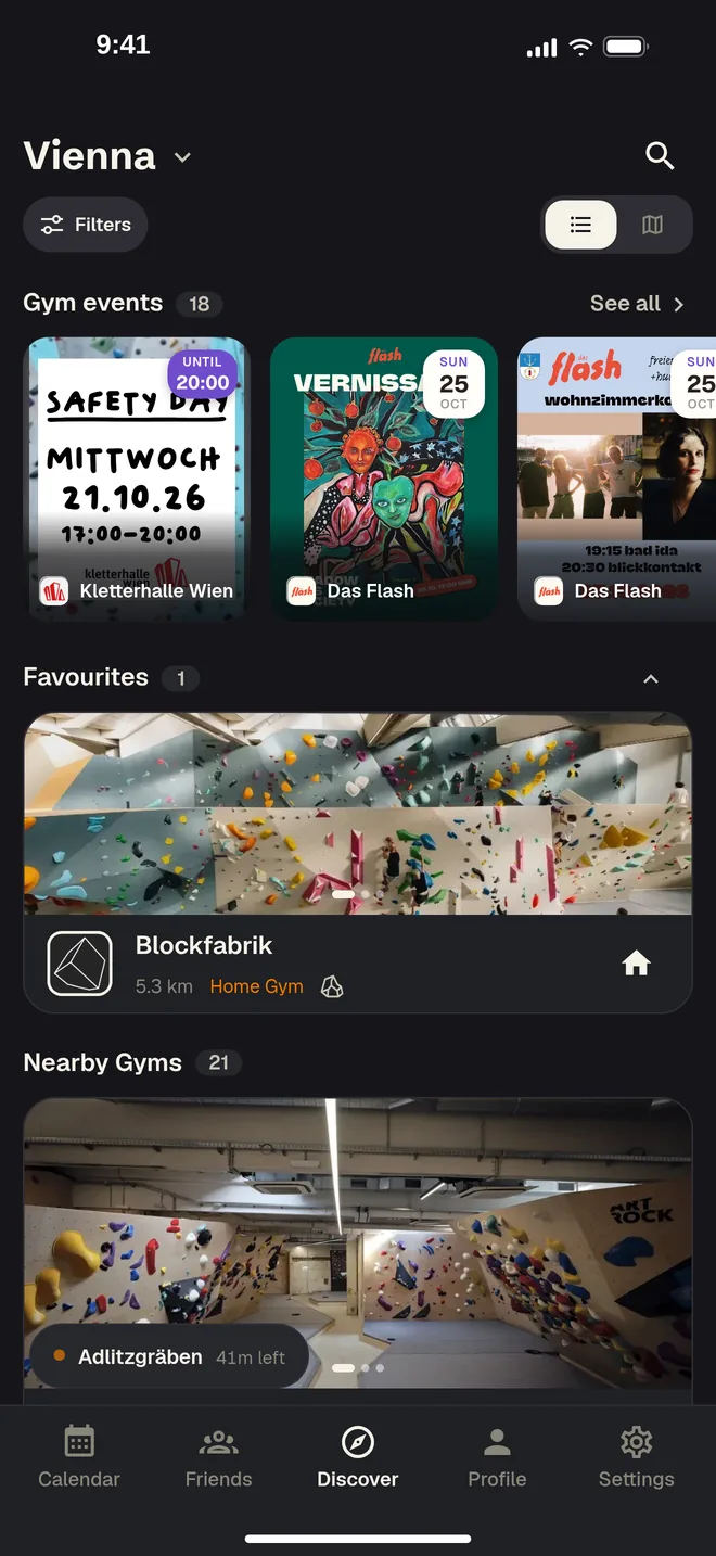 The app’s Discover tab: gym events along the top, then favourite and nearby gyms