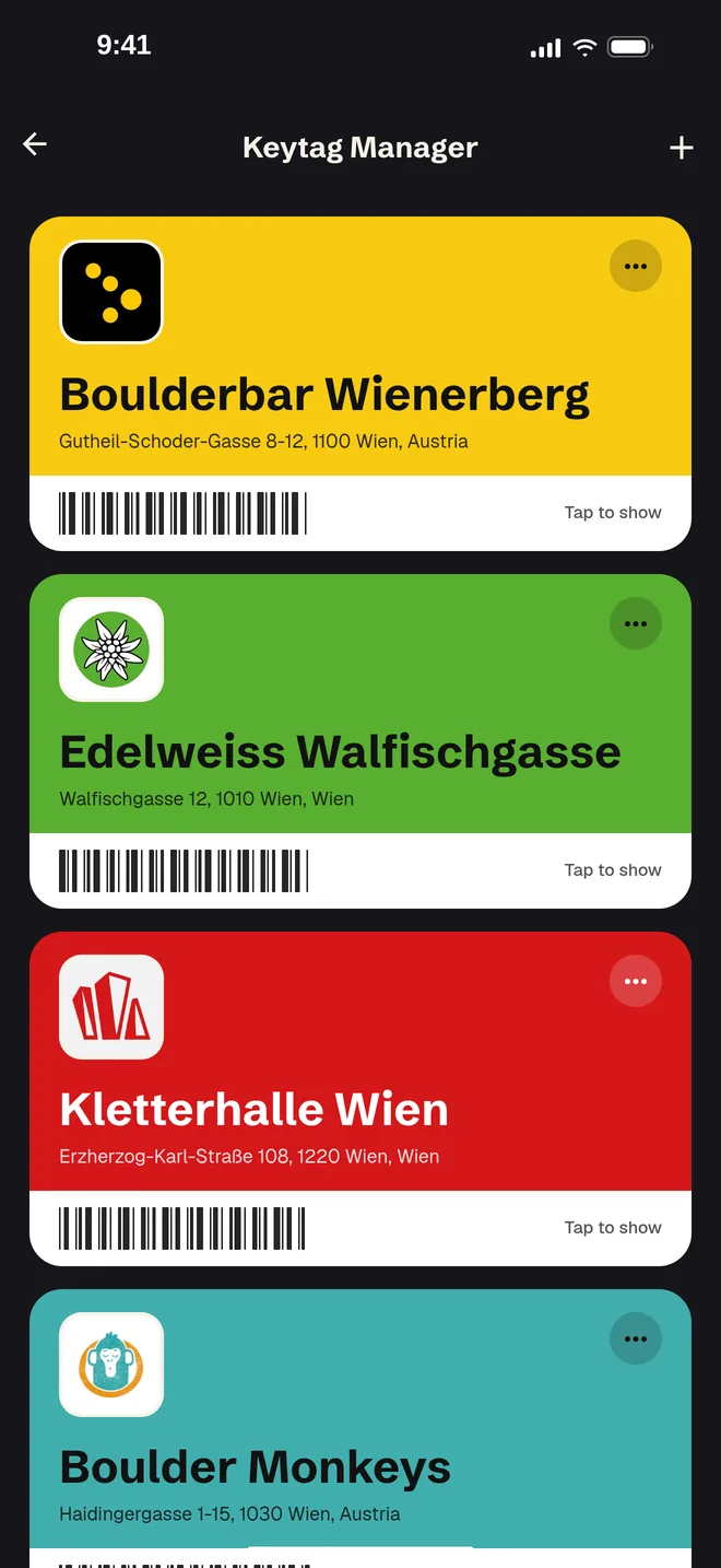 Gym keytags in the app, each card in its gym’s colours with its logo and barcode