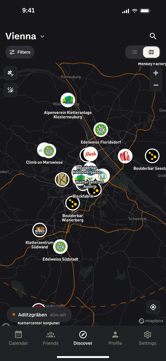 The app’s map of Vienna, with each gym shown by its logo