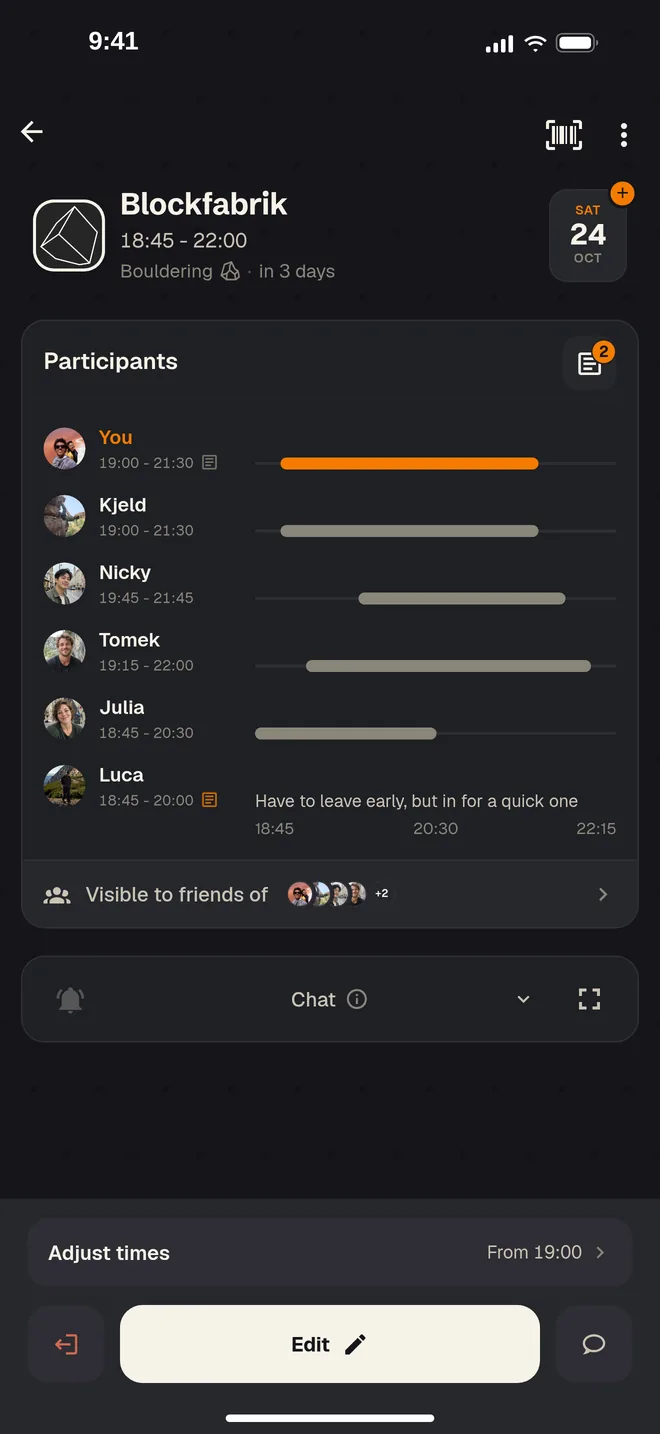 A session at a gym in the app: the time, and six friends with the hours each of them is there